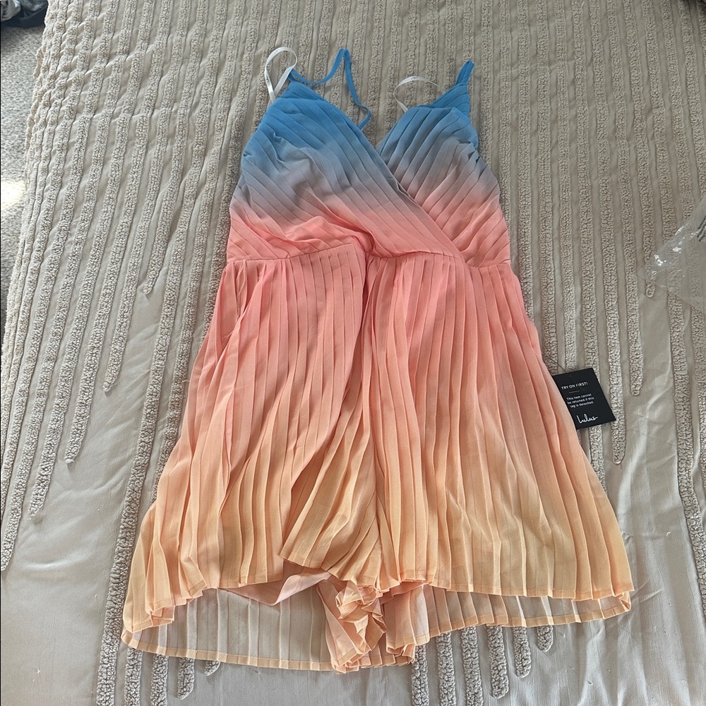 Lulus Romper Womens Medium Blue Peach Ombre Pleat the Way Summer Vacation
